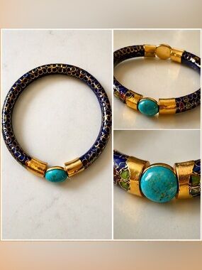 Gold-Tone Blue Enamel Bangle with Turquoise Accent - Women Jewelry